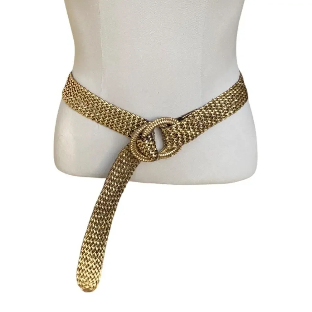 Vintage J. Crew Boho Retired Metallic Gold Woven Braided Leather Belt 42” S/M - Picture 1 of 5